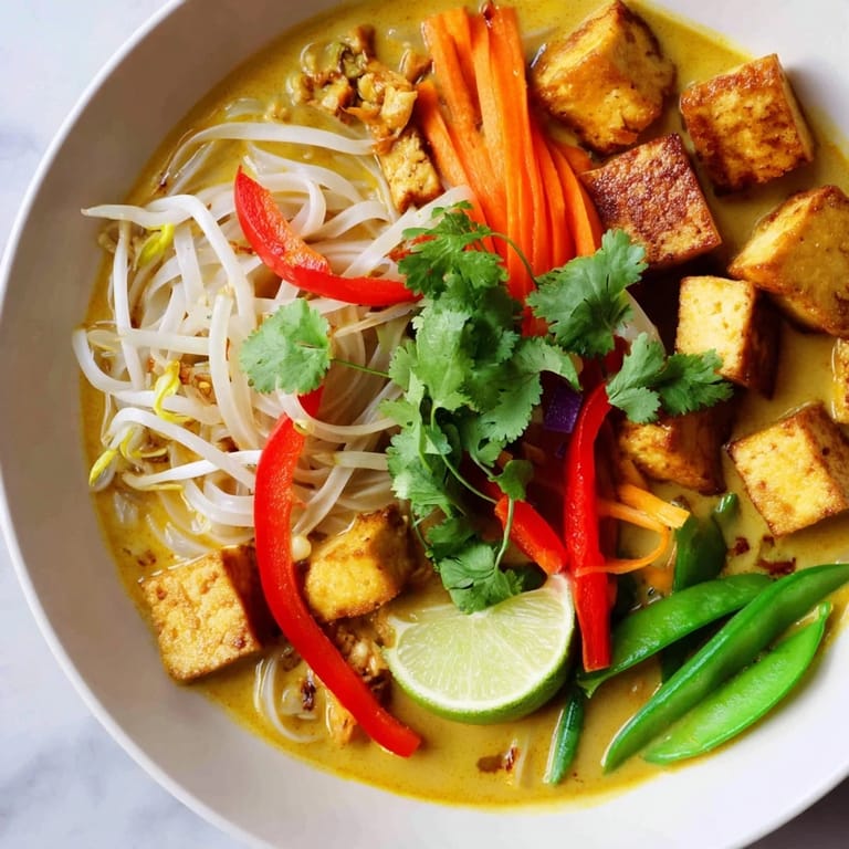 Close-up of Malaysian Laksa noodles, offering a taste of creamy coconut broth and fresh ingredients.