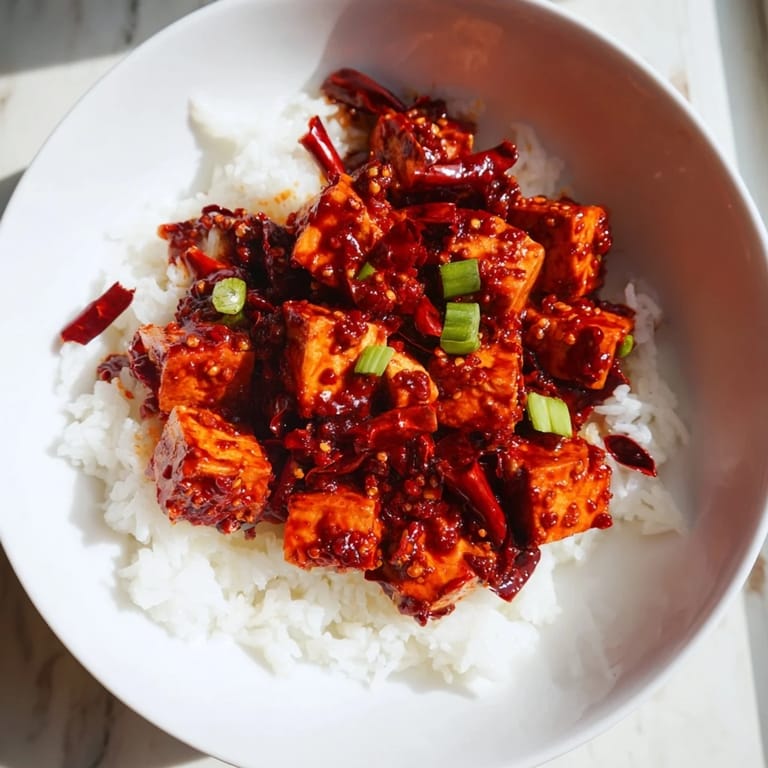 Close-up of Mapo Tofu, a savory Chinese dish with glistening tofu and flavorful sauce, ready to serve.