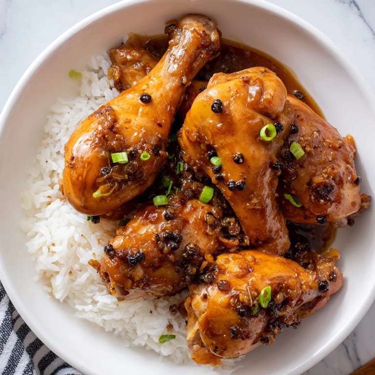 Tender pieces of Filipino Chicken Adobo with glistening sauce, perfect over fluffy white rice.