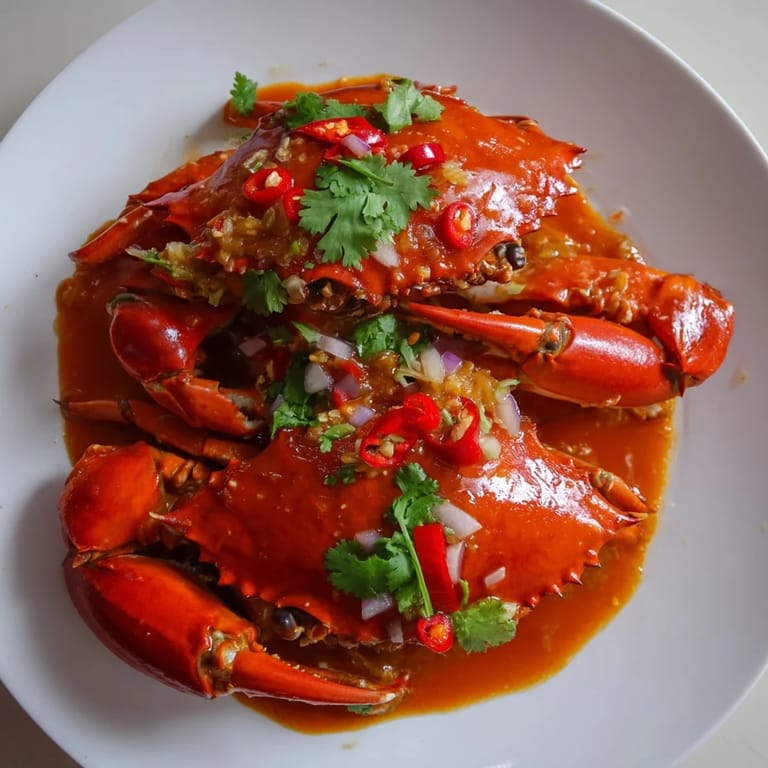 A delicious close-up showcases the rich, glossy sauce of Singaporean chili crab over crab.