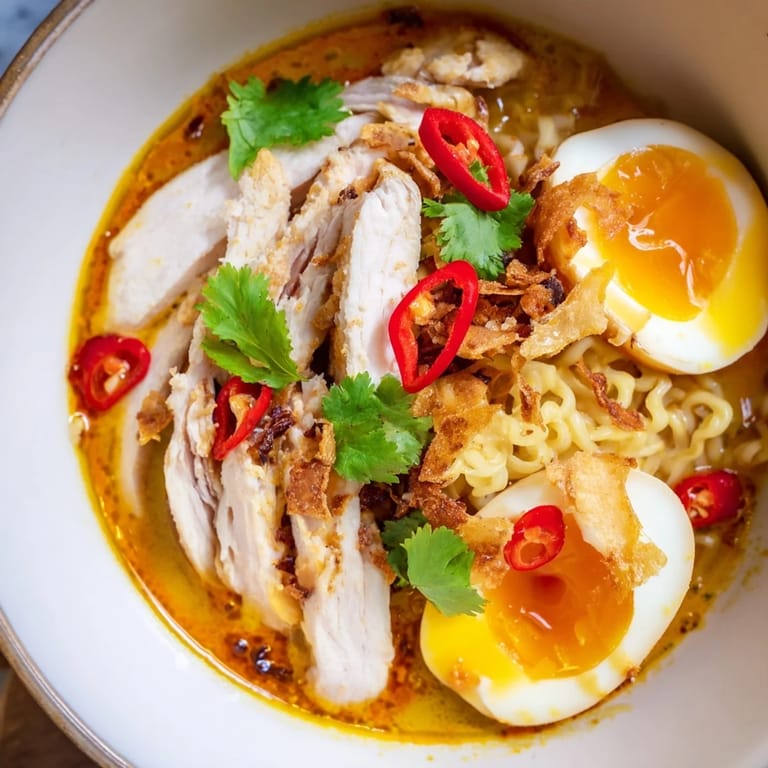 Close-up of Thai Miso Ramen Bowl with glossy noodles, rich red-hued broth, and optional chili slices, ready for a satisfying lunch or dinner.
