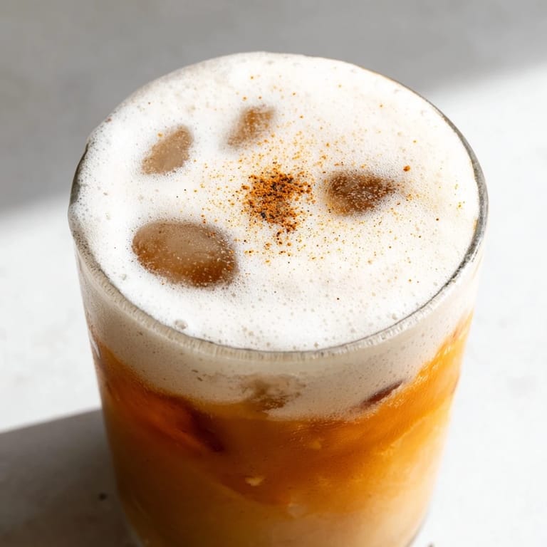 Two glasses of homemade iced chai tea topped with creamy cold foam, perfect for a refreshing summer beverage.  