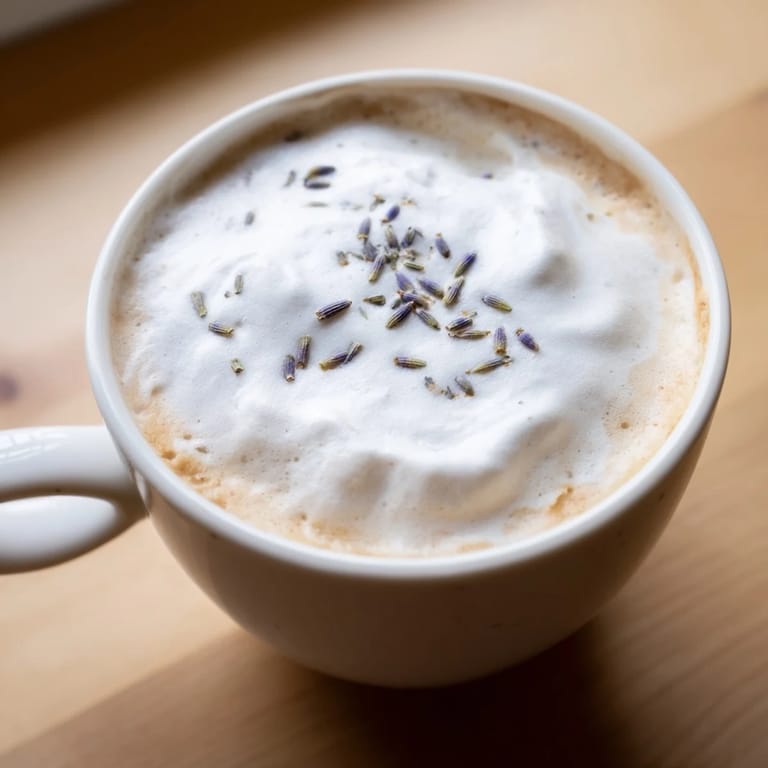 Served with shortbread cookies, the Whipped Lavender Latte steams gently.