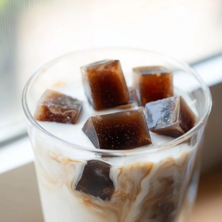 A glass of Coffee Jelly Drink features layered cubes and cream, inviting a sweet, caffeinated sip.