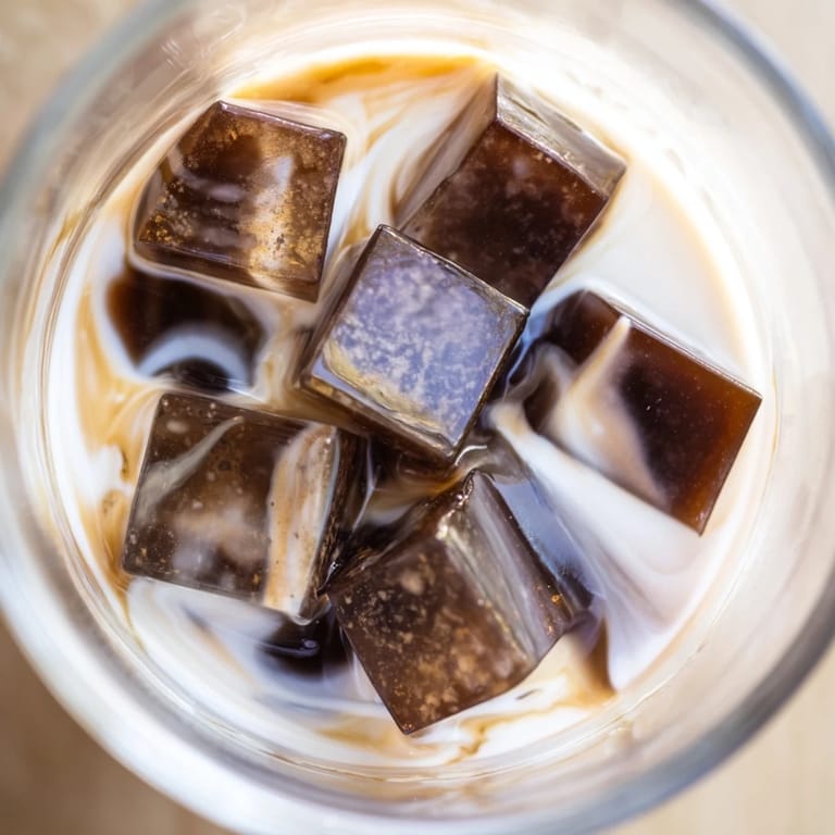 Scattered coffee jelly cubes glisten in ice-cold sweet cream, perfect for an afternoon refreshment.  