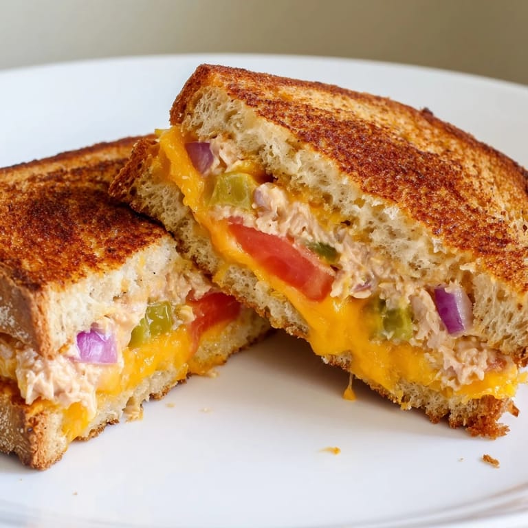 A hot Spicy Tuna Melt sandwich resting on a rustic plate, garnished with fresh parsley and pickles.