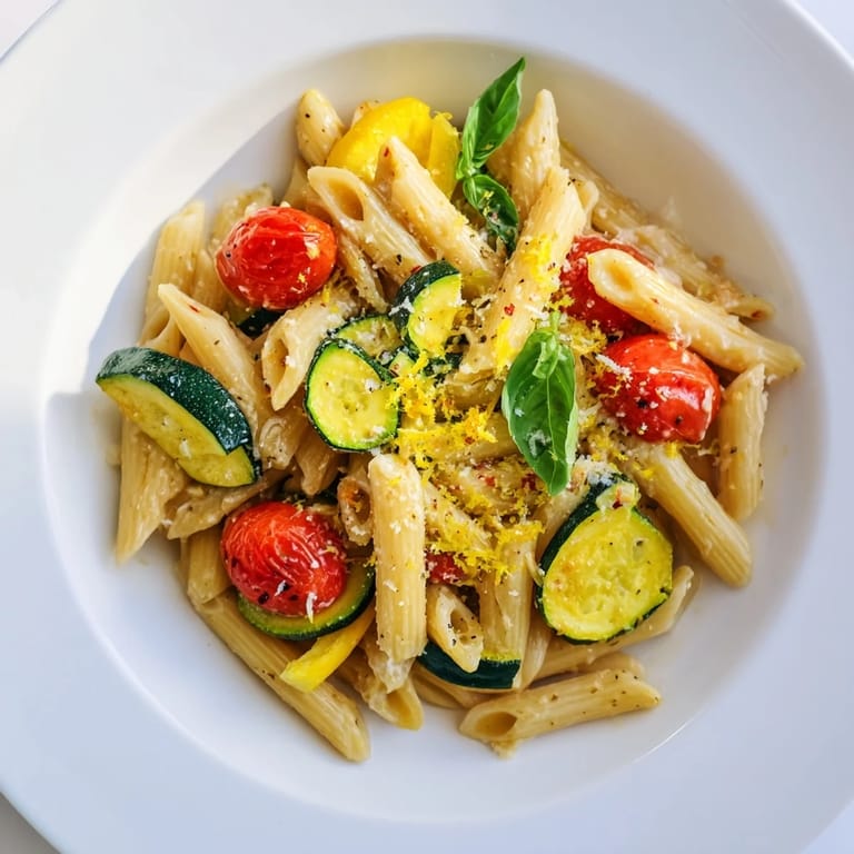 Savory garden veggie pasta served in a white bowl, garnished with lemon zest and fresh basil leaves.
