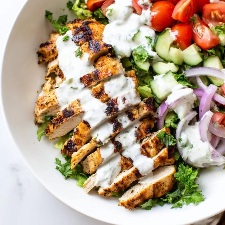 Freshly prepared Chicken Shawarma Salad with juicy sliced chicken, mixed greens, red onion, and Middle Eastern spices, perfect for a healthy lunch.