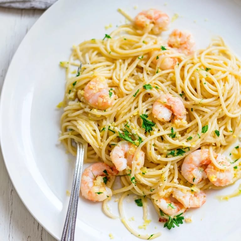 Steaming bowl of Lemon Garlic Shrimp Pasta garnished with chopped parsley and lemon wedges, ready for an easy weeknight Italian-American dinner.  