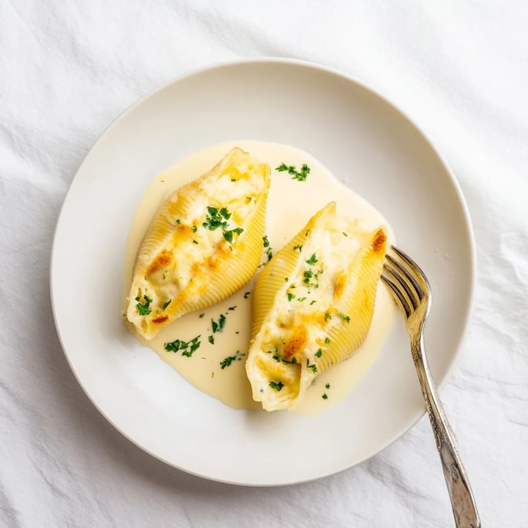 Tender jumbo shells filled with creamy chicken Alfredo and ricotta, arranged in a baking dish with rich sauce.