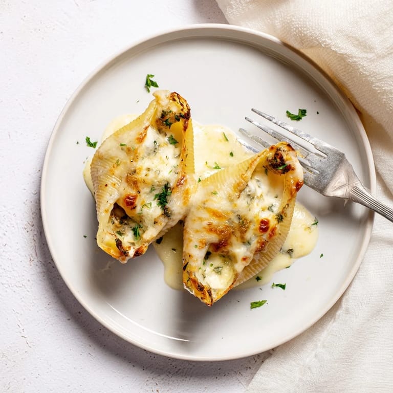 A close-up of Chicken Alfredo Stuffed Shells, garnished with parsley and extra Parmesan, highlighting the golden, cheesy crust.