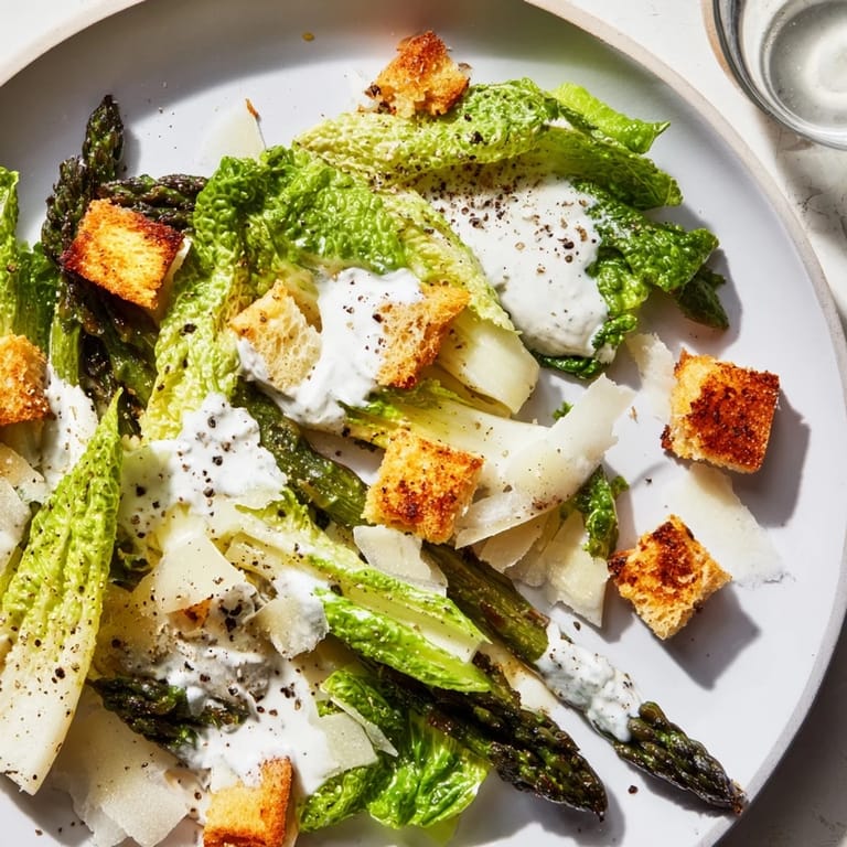 Bright green charred asparagus spears rest on a bed of romaine with crunchy croutons and Parmesan.  
