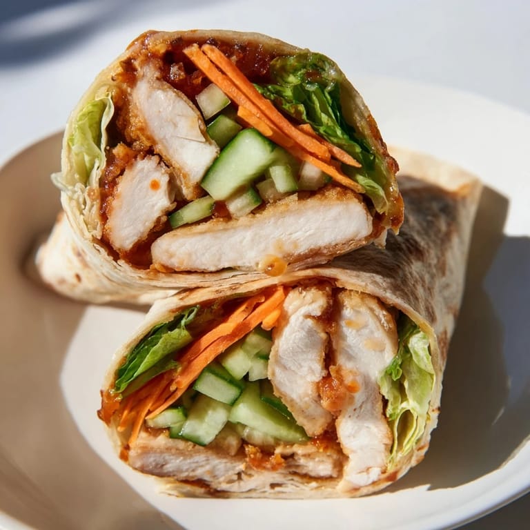 Honey Chili Crunch Chicken Wrap served on a plate with extra chili crisp, scallions, and refreshing iced tea.