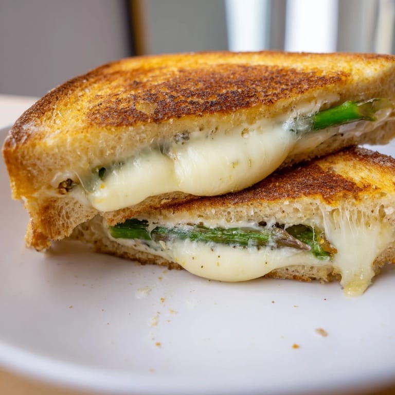 Freshly cooked Asparagus & Brie Grilled Cheese served on a wooden board, perfect for a light, spring-inspired American lunch.