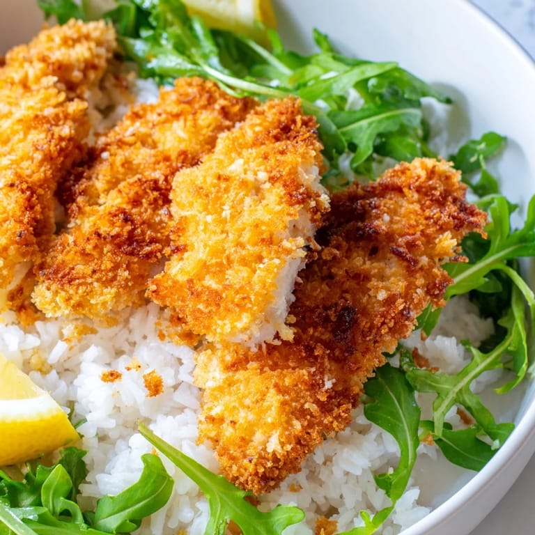 A finished Crispy Parmesan Chicken Cutlet Bowl with lemon wedges for serving.