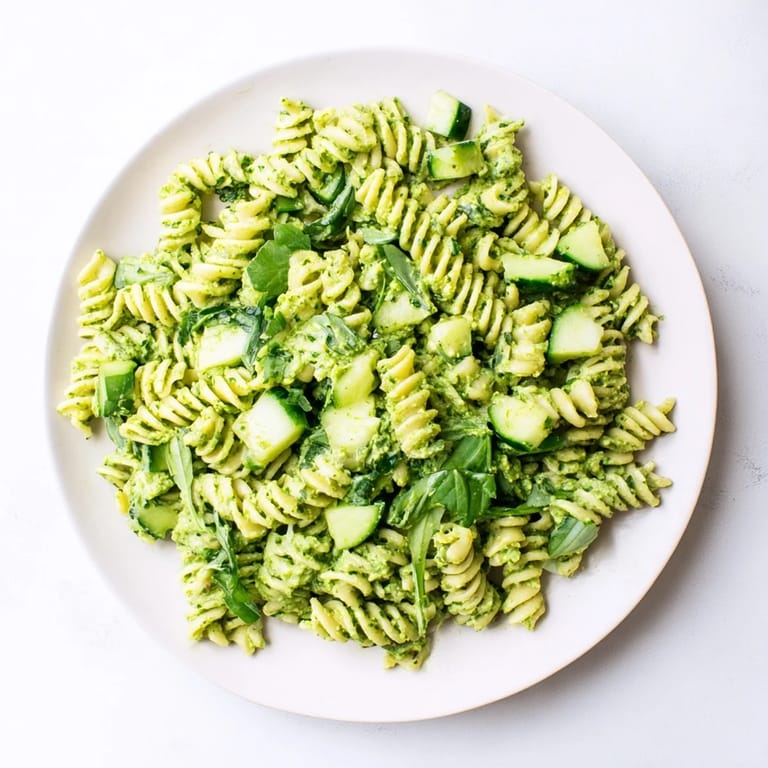 Green Goddess Pasta Salad served chilled in a white bowl, garnished with fresh basil and parsley.