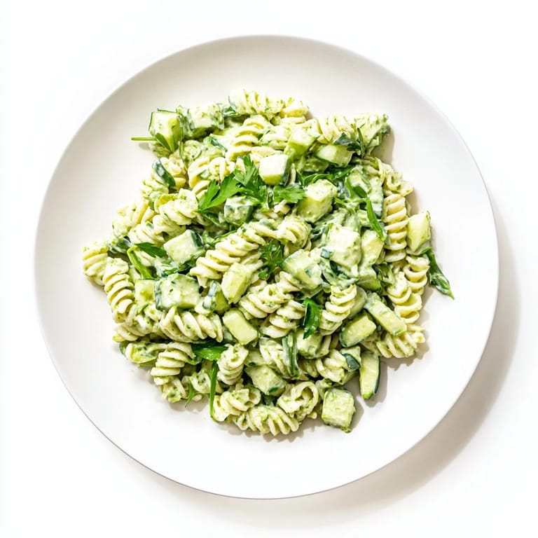 A vibrant Green Goddess Pasta Salad featuring tender fusilli, baby spinach, and a creamy green dressing.