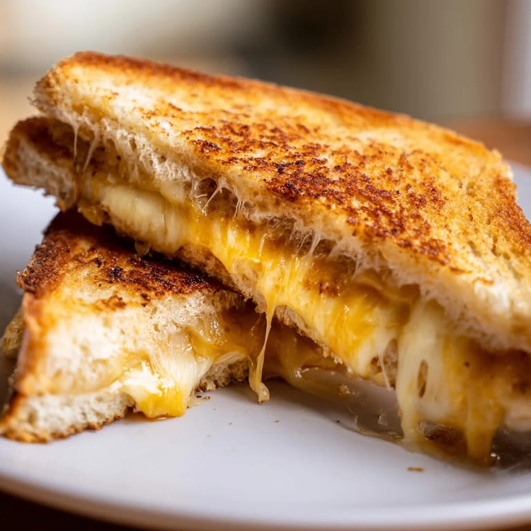 Homemade Three-Cheese Grilled Cheese sandwich, buttery and golden brown, served with a creamy bowl of tomato soup.
