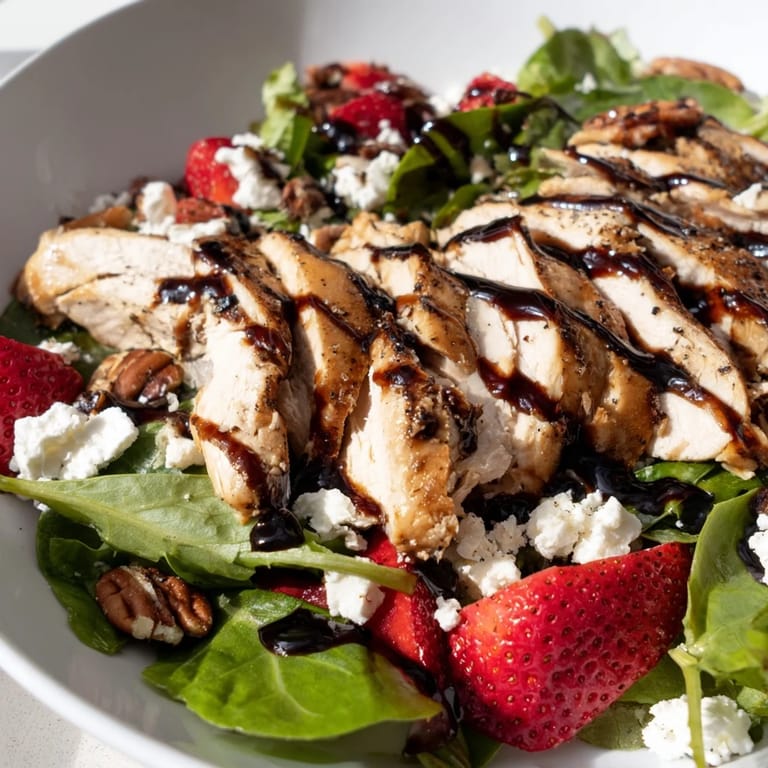 This homemade Strawberry Balsamic Chicken Salad features colorful ingredients glistening with a sweet and tangy balsamic glaze.  