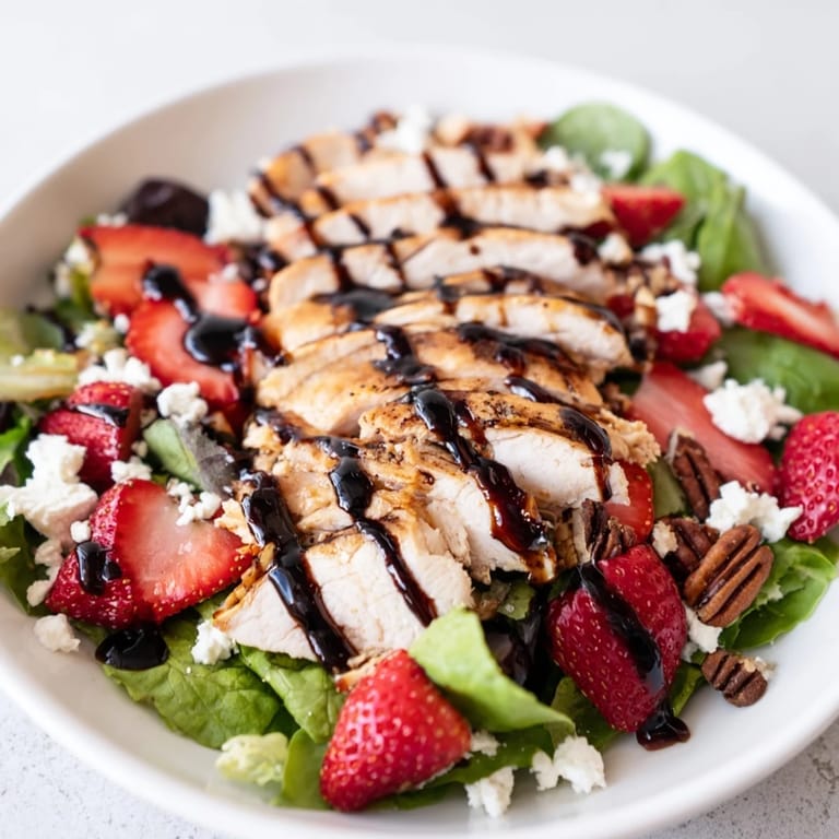 Serving suggestion for a refreshing Strawberry Balsamic Chicken Salad with toasted pecans and red onion on a rustic table.