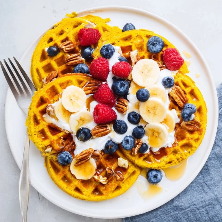 Crisp-edged Anti-Inflammatory Adaptogenic Turmeric Waffles served with coconut yogurt, sliced banana, and a sprinkle of chopped nuts.