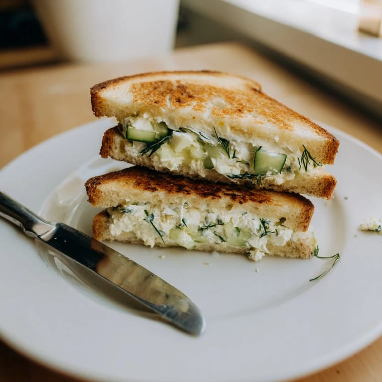 A close-up of a Whipped Feta Spring Grilled Cheese, revealing the creamy whipped feta filling and crisp, buttery sourdough crust.