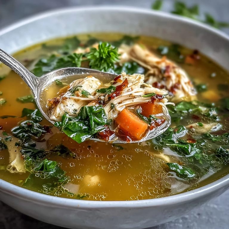Golden turmeric broth with shredded chicken and wilted baby kale, garnished with fresh parsley and lemon wedges for a vibrant serving suggestion.