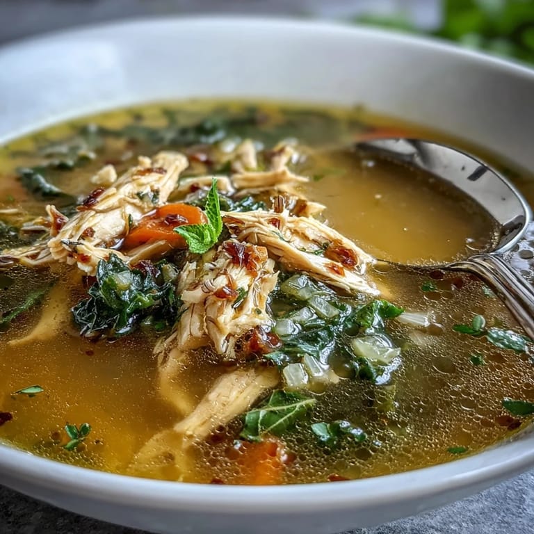 Close-up of High Protein Lemon and Turmeric Chicken Soup revealing juicy chicken pieces, carrots, celery, and a hint of spices in a savory broth.