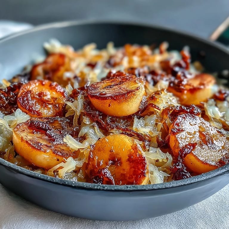 Tangy Apple and Sauerkraut Skillet Salad topped with toasted walnuts, ready to serve as a warm, comforting side dish.