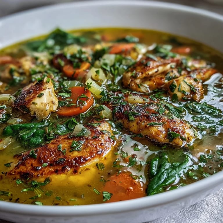 A close-up of a steaming bowl of Turmeric Chicken Soup, garnished with fresh parsley and a lemon wedge on a rustic table.