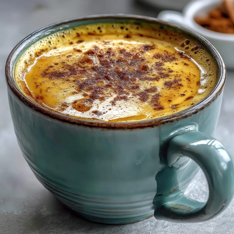 Golden-hued Turmeric and Ginger Golden Milk in a glass mug, garnished with a turmeric sprinkle and served next to oat cookies.
