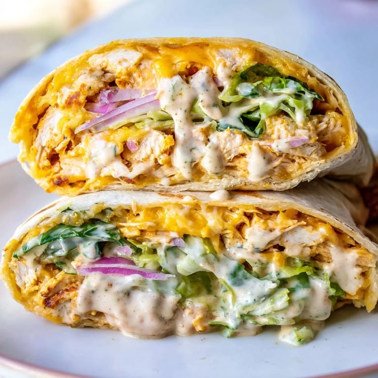 Two golden-brown Buffalo Ranch Chicken Wraps served on a white plate with fresh celery sticks and a small bowl of creamy ranch dipping sauce. 