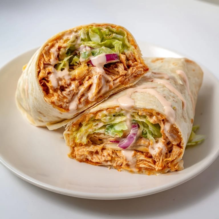 Freshly assembled Buffalo Ranch Chicken Wrap with red onion, lettuce, and drizzles of ranch and buffalo sauce on a wooden cutting board.
