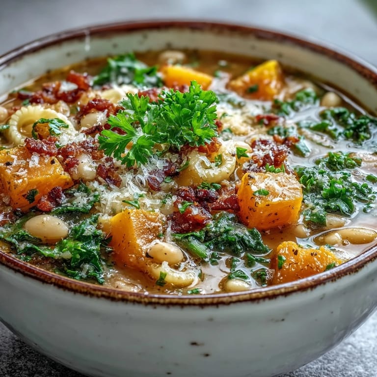 Autumn Fall Minestrone soup in a rustic bowl, ready to be enjoyed with crusty bread.