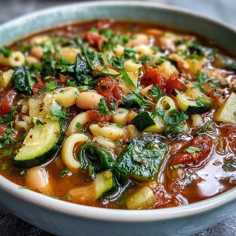 A close-up view of vibrant Minestrone Soup in a white bowl, garnished with parsley and a side of crusty bread.