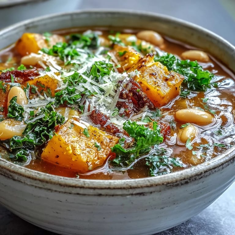 A ladle of hearty Winter Minestrone Soup topped with fresh parsley and Parmesan, perfect for cozy meals.