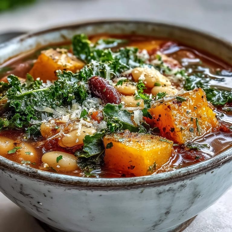Steaming bowl of Winter Minestrone Soup featuring colorful vegetables and beans, ready to be enjoyed.