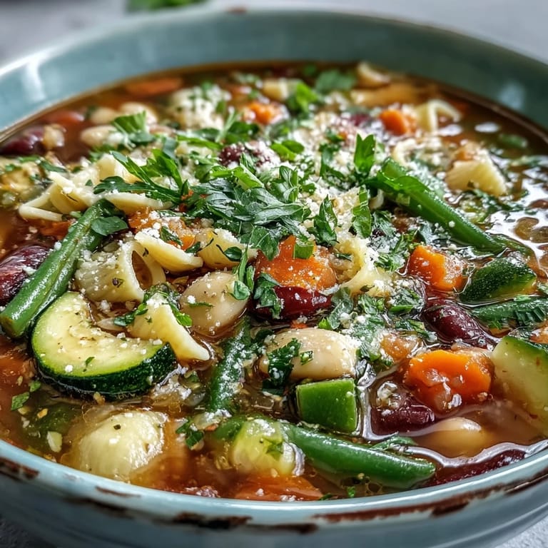 Hearty Minestrone Soup simmering in a pot, showcasing a rich tomato broth with diced carrots and beans.