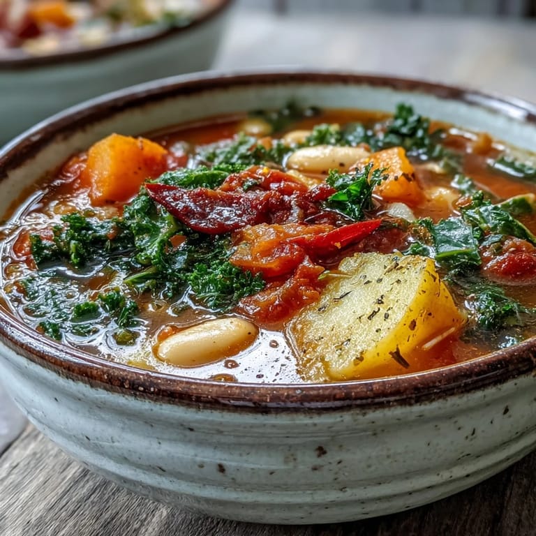 This hearty Winter Minestrone Soup features butternut squash and kale, ideal for serving with crusty bread on cold days.