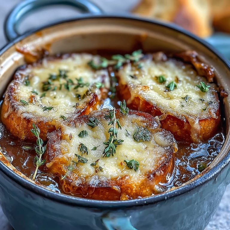Rich, slow-simmered Dutch Oven French Onion Soup with thyme and beefy broth, topped with a crusty baguette and melted cheese.  