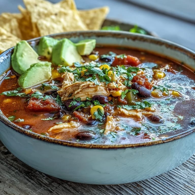 A hearty pot of Southwestern Turkey Soup garnished with fresh cilantro and creamy avocado slices.