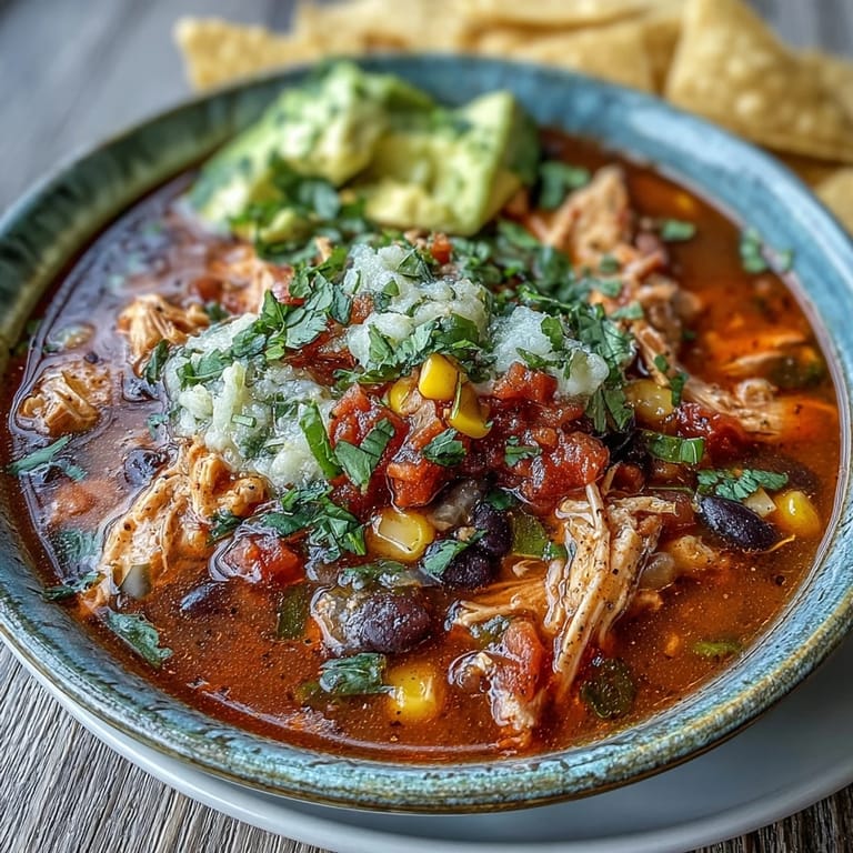 Serving of Southwestern Turkey Soup topped with crunchy tortilla chips, jalapeños, and lime wedges.