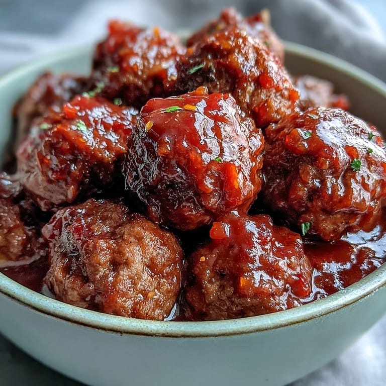 A close-up of Easy Sweet and Sour Crock Pot Meatballs glistening with chunky apricot glaze, ideal served over fluffy white rice for dinner.