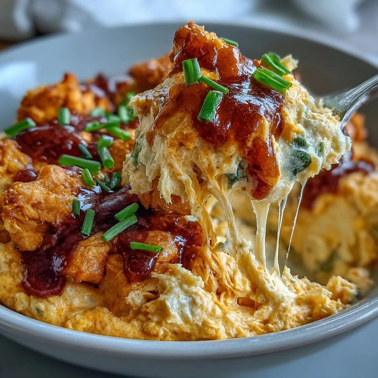 Golden, melted Crock Pot Buffalo Chicken Dip garnished with scallions, paired with crunchy tortilla chips.