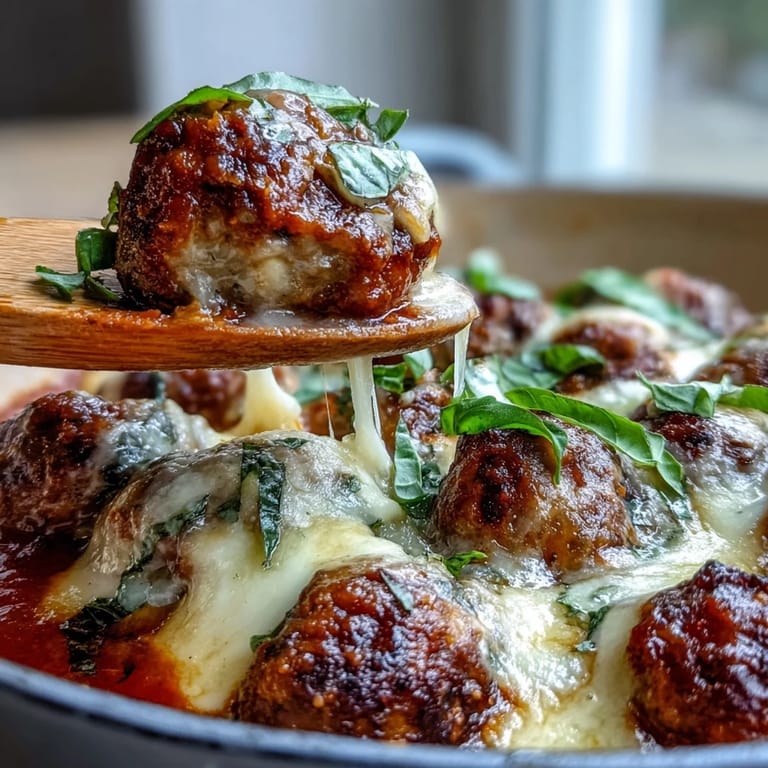 Savory gluten-free meatballs feature melted mozzarella and Parmesan, topped with fresh basil and extra cheese.