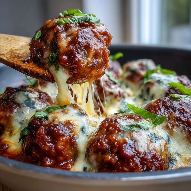 Hearty Italian meatballs in tomato sauce are baked, then simmered for extra flavor, perfect for a family dinner.
