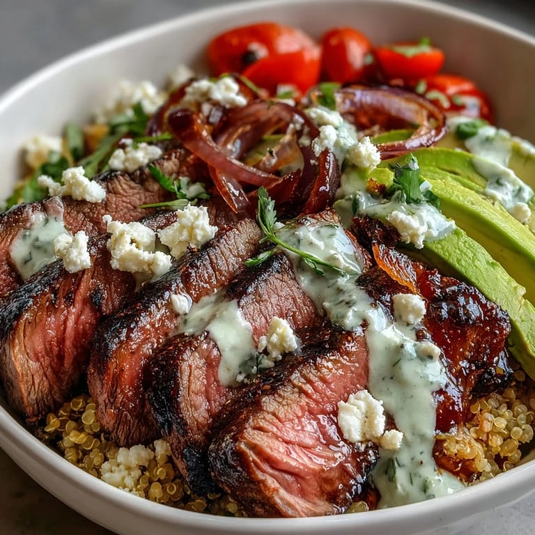 Golden-brown grilled steak slices mingle with roasted corn and avocado slices over rice, garnished with red onion and fresh cilantro leaves.
