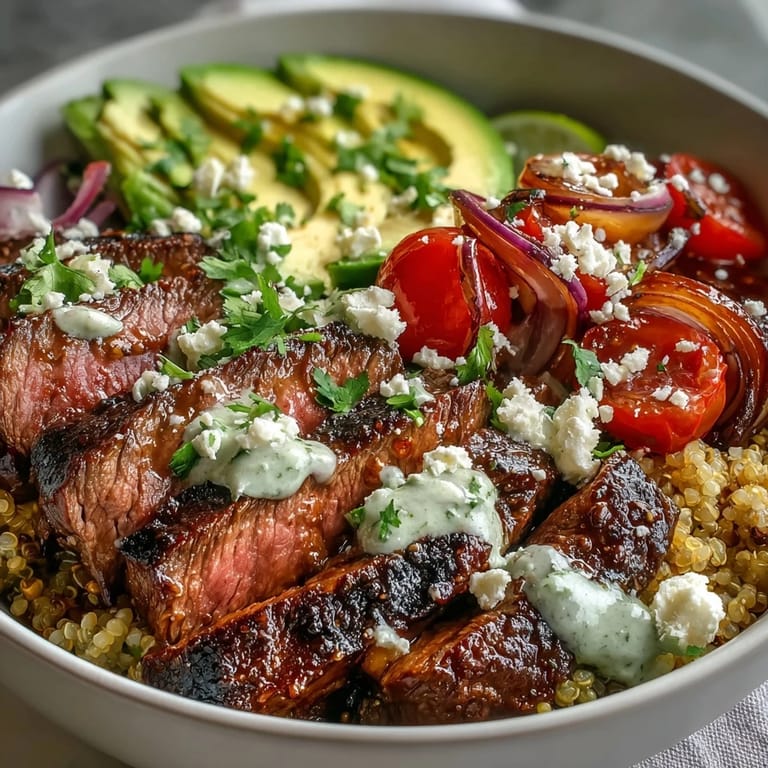 Freshly made cilantro cream sauce coats slices of steak and charred corn, paired with creamy avocado and tomatoes in a gluten-free bowl.