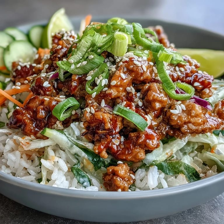 A serving of Bang Bang Ground Turkey Rice Bowl with scallions and cilantro, ready to squeeze fresh lime wedges.