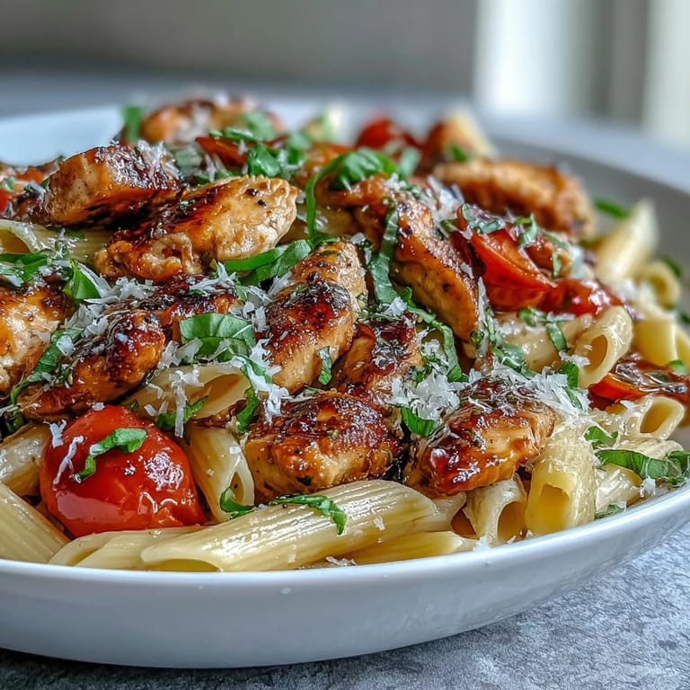 Bruschetta Chicken Pasta is plated in a white dish, garnished with extra Parmesan, and ready for a cozy Italian-American dinner.